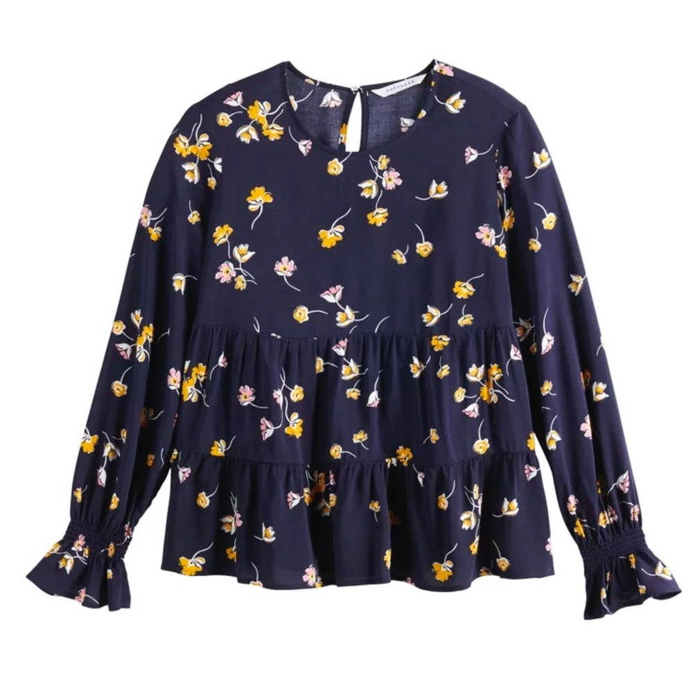 Popsugar Tiered Top Navy Buttercup Gold Floral Ruffles Sleeve Hem Scoop Neck M